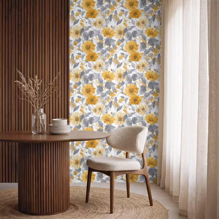 Bloemen - Botanisch - Elegant - Okergeel - Grijs Behang Vlies klein 1076 -sfeer1