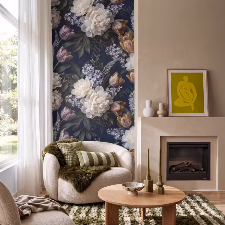 Bloemen - Donker - Elegant - Natuur - Wit Behang Vlies klein -sfeer2
