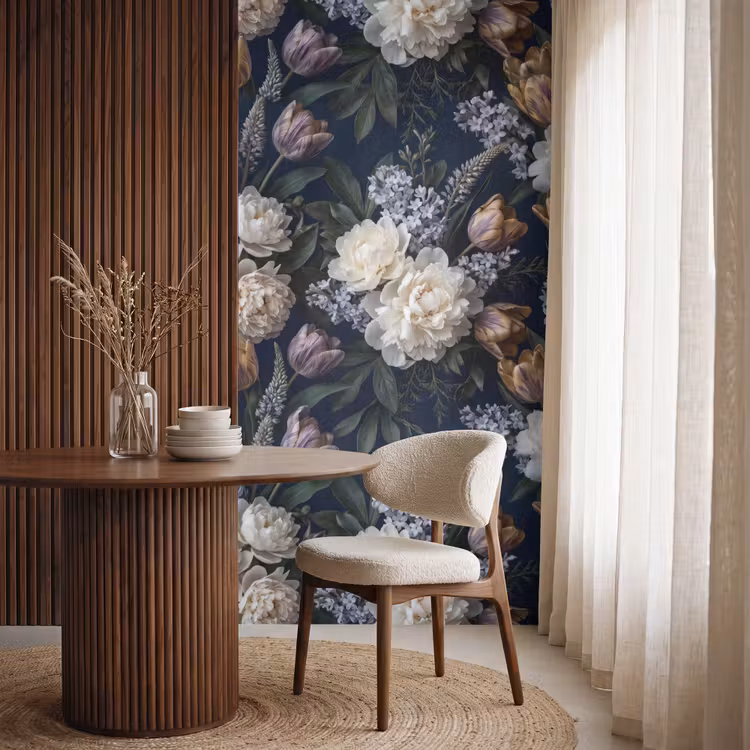 Bloemen - Donker - Elegant - Natuur - Wit Behang Vlies klein -sfeer1