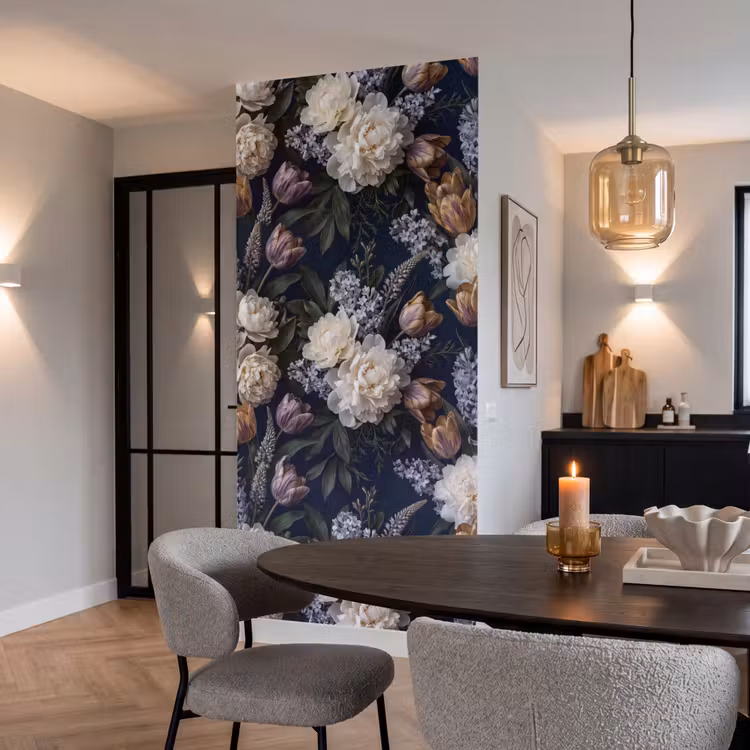 Bloemen - Donker - Elegant - Natuur - Wit Behang Vlies klein -sfeer3