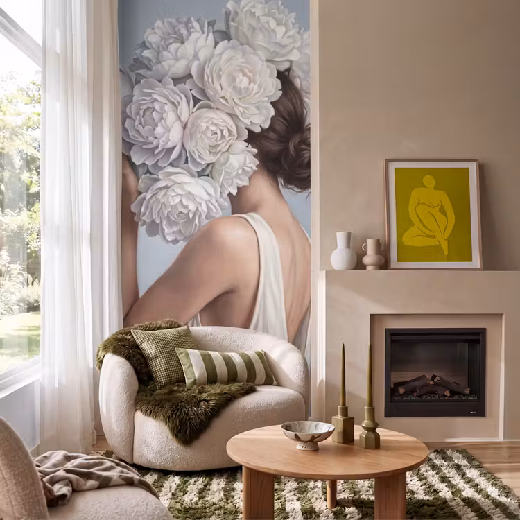 Bloemen - Vrouw - Wit Behang Vlies klein -sfeer2