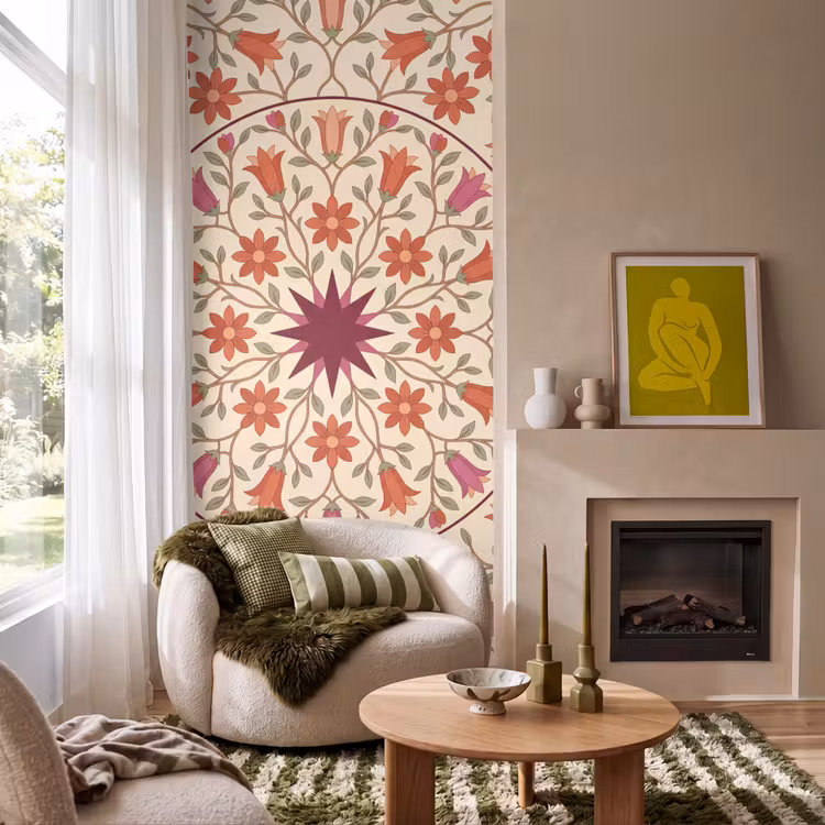 Bloemen - Mandala - Decoratief - Rood Behang Vlies klein -sfeer2