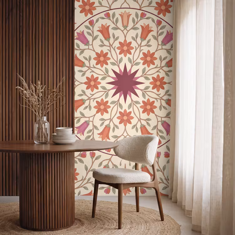 Bloemen - Mandala - Decoratief - Rood Behang Vlies klein -sfeer1