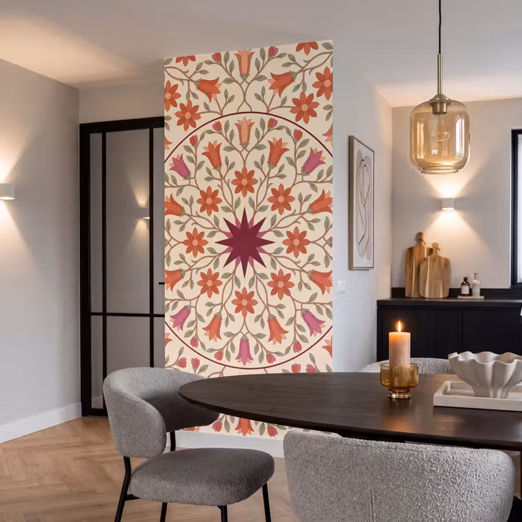 Bloemen - Mandala - Decoratief - Rood Behang Vlies klein -sfeer3