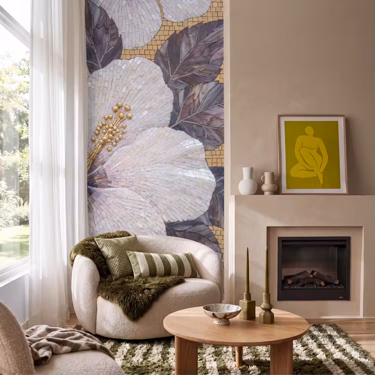 Bloemen - Mozaïek - Kunst - Modern - Goud Behang Vlies klein -sfeer2