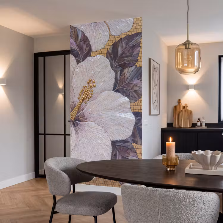 Bloemen - Mozaïek - Kunst - Modern - Goud Behang Vlies klein -sfeer3
