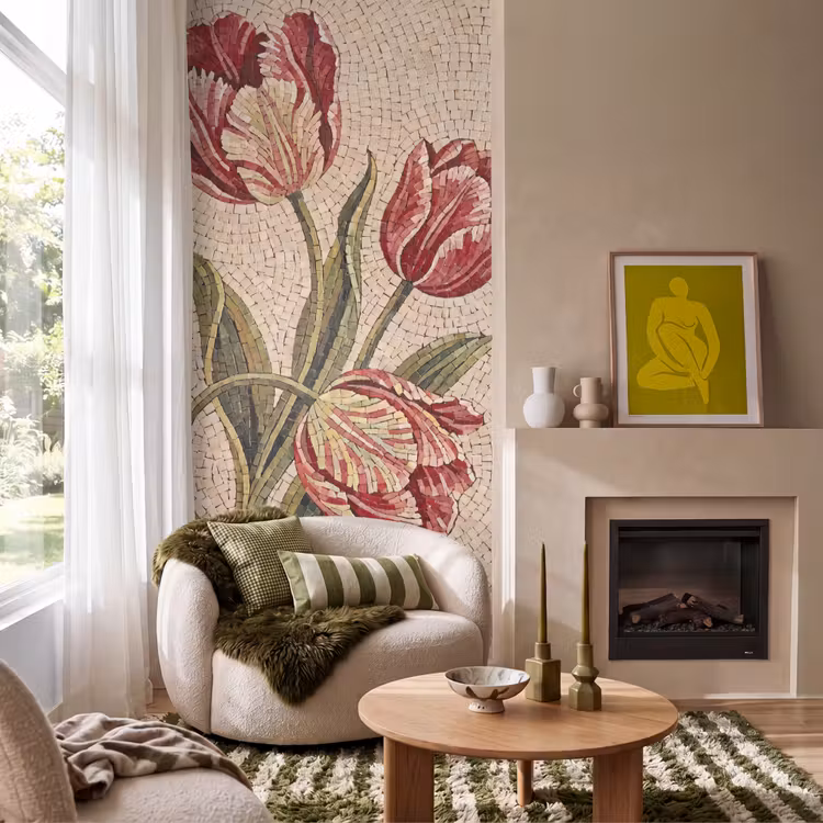 Bloemen - Mozaïek - Rood - Groen - Kunst Behang Vlies klein -sfeer2