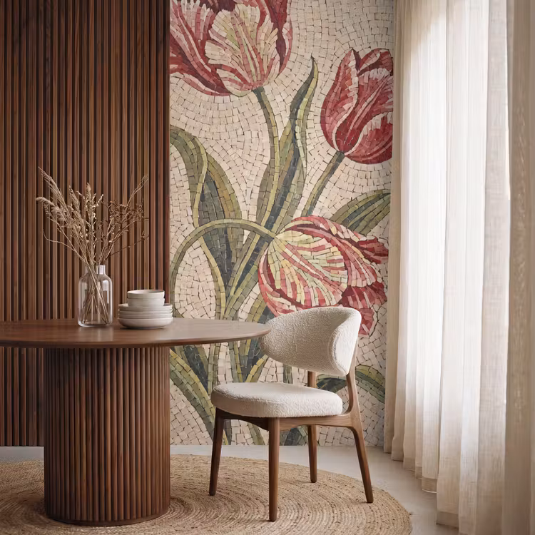 Bloemen - Mozaïek - Rood - Groen - Kunst Behang Vlies klein -sfeer1