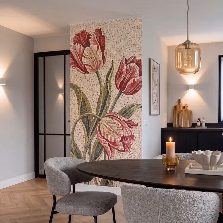 Bloemen - Mozaïek - Rood - Groen - Kunst Behang Vlies klein -sfeer3