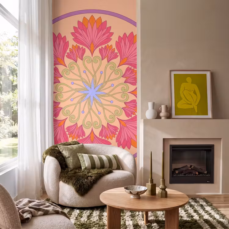 Bloemen - Patroon - Abstract - Roze - Decoratief Behang Vlies klein -sfeer2