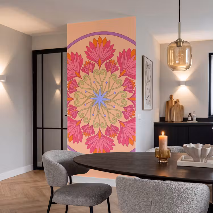 Bloemen - Patroon - Abstract - Roze - Decoratief Behang Vlies klein -sfeer3