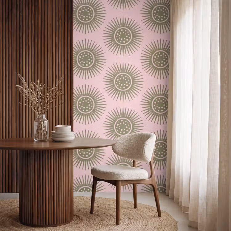 Bloemen - Patroon - Abstract - Roze - Groen Behang Vlies klein -sfeer1