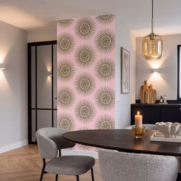 Bloemen - Patroon - Abstract - Roze - Groen Behang Vlies klein -sfeer3