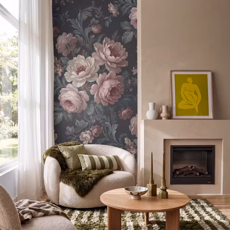 Bloemen - Patroon - Sierlijk - Roze - Donker Behang Vlies klein -sfeer2