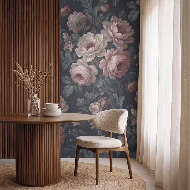 Bloemen - Patroon - Sierlijk - Roze - Donker Behang Vlies klein -sfeer1