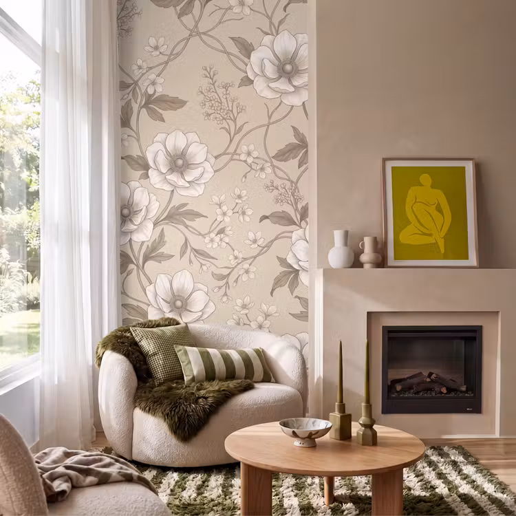 Bloemen - Patroon - Beige Behang Vlies klein -sfeer2
