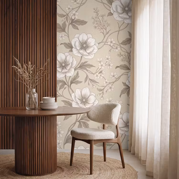 Bloemen - Patroon - Beige Behang Vlies klein -sfeer1