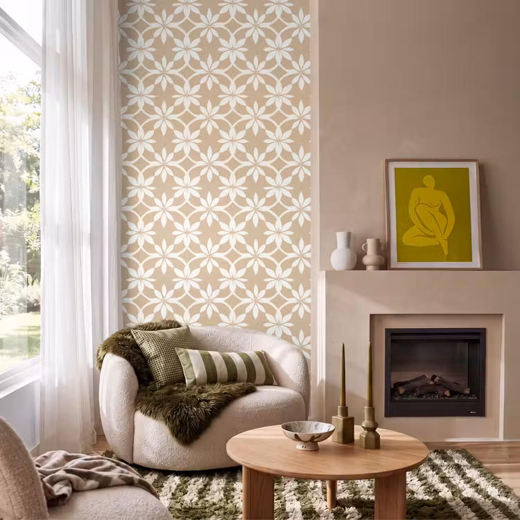 Bloemen - Patroon - Beige Behang Vlies klein 1076 -sfeer2