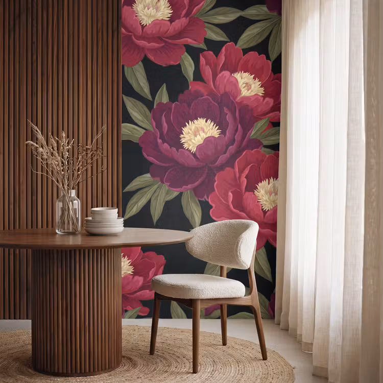 Bloemen - Patroon - Botanisch - Rood - Zwart Behang Vlies klein -sfeer1