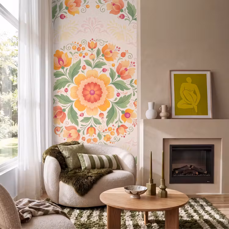 Bloemen - Patroon - Decoratief - Oranje Behang Vlies klein -sfeer2