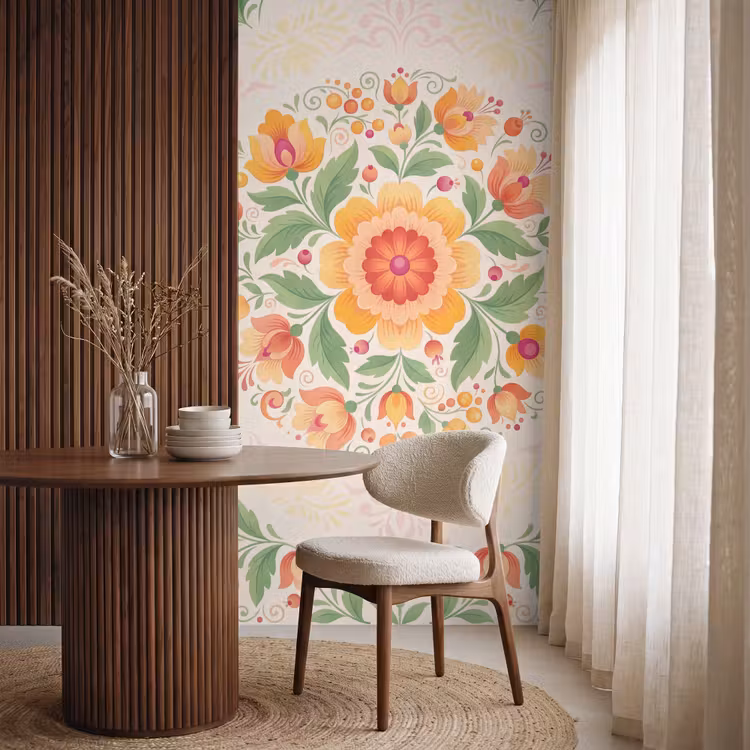 Bloemen - Patroon - Decoratief - Oranje Behang Vlies klein -sfeer1