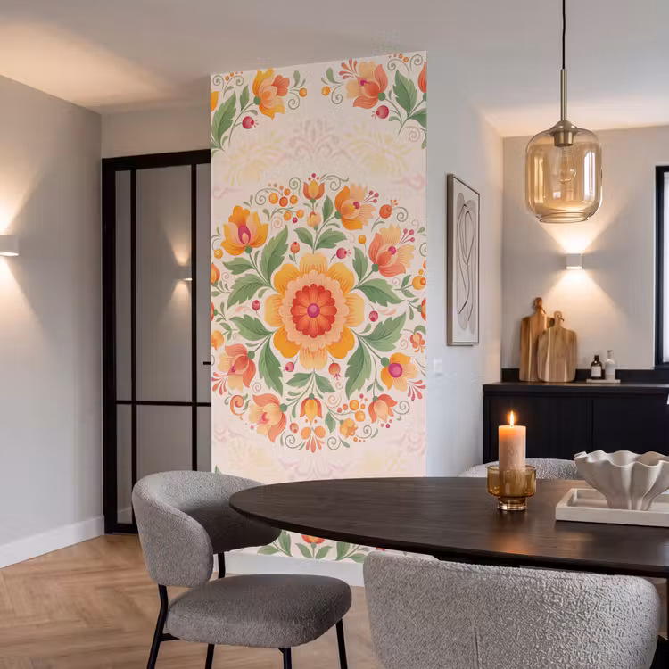 Bloemen - Patroon - Decoratief - Oranje Behang Vlies klein -sfeer3
