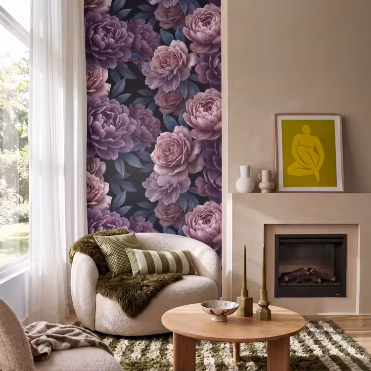 Bloemen - Patroon - Donker - Botanisch - Paars Behang Vlies klein -sfeer2