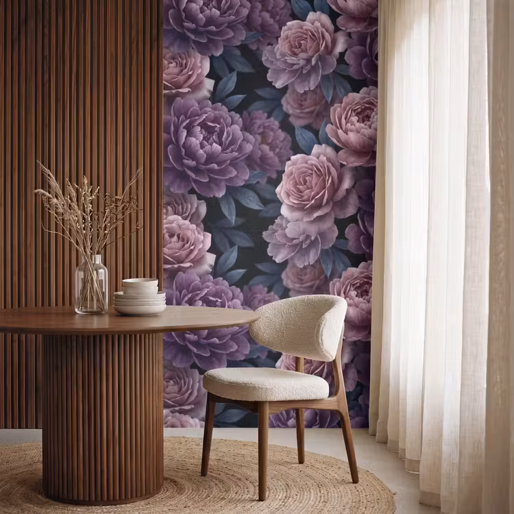 Bloemen - Patroon - Donker - Botanisch - Paars Behang Vlies klein -sfeer1