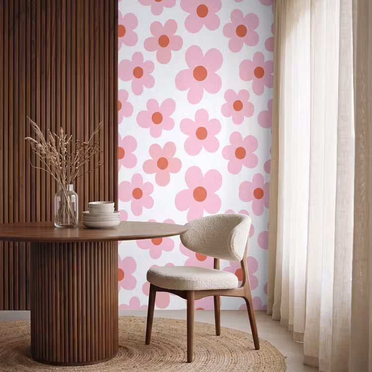Bloemen - Patroon - Modern - Roze - Wit Behang Vlies klein -sfeer1