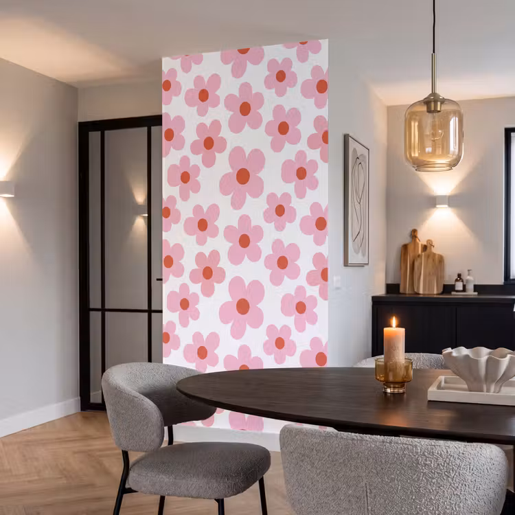 Bloemen - Patroon - Modern - Roze - Wit Behang Vlies klein -sfeer3