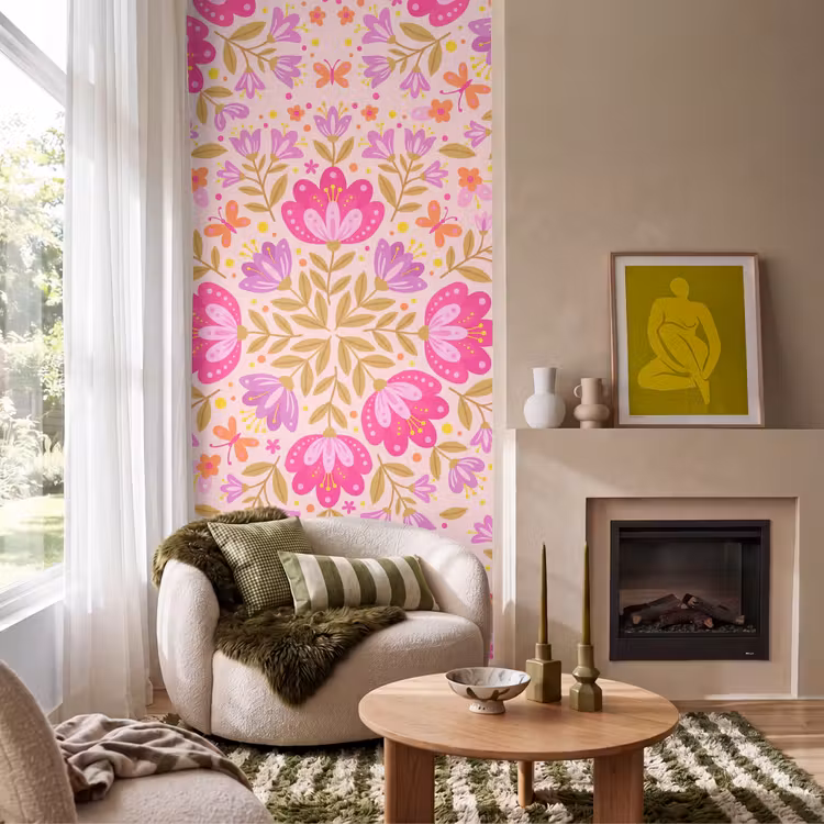 Bloemen - Patroon - Natuur - Abstract - Roze Behang Vlies klein -sfeer2