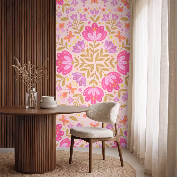 Bloemen - Patroon - Natuur - Abstract - Roze Behang Vlies klein -sfeer1