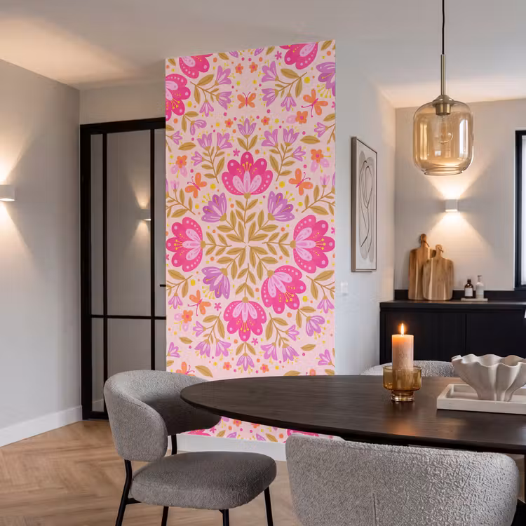 Bloemen - Patroon - Natuur - Abstract - Roze Behang Vlies klein -sfeer3