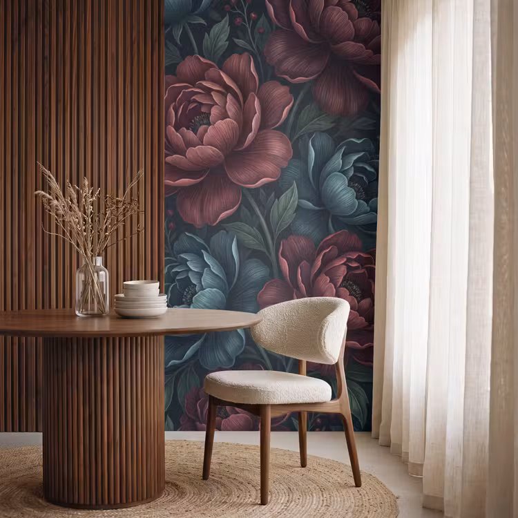 Bloemen - Patroon - Natuur - Klassiek - Donker Behang Vlies klein -sfeer1