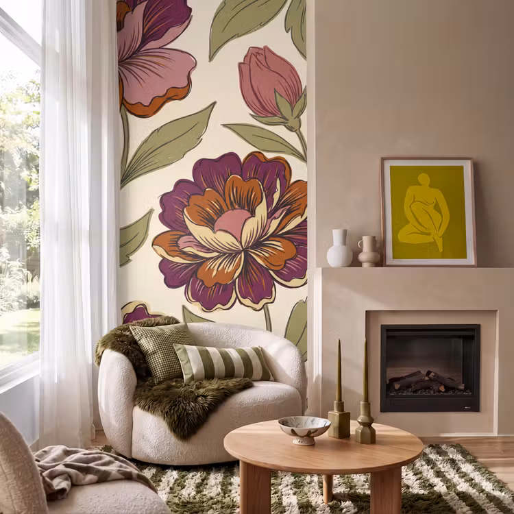 Bloemen - Patroon - Natuur - Modern - Paars Behang Vlies klein -sfeer2