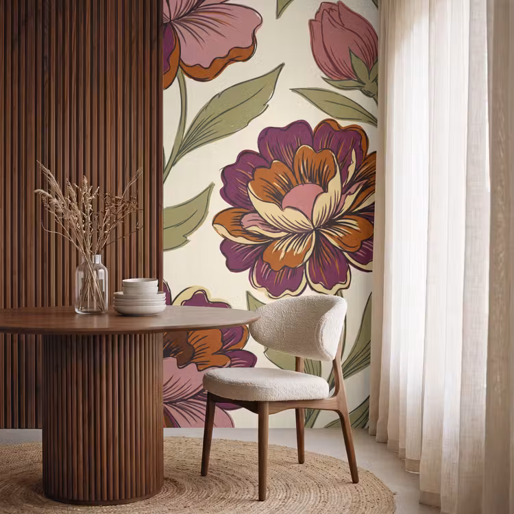 Bloemen - Patroon - Natuur - Modern - Paars Behang Vlies klein -sfeer1