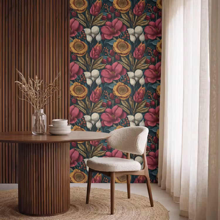 Bloemen - Patroon - Rood - Goud Behang Vlies klein 1076 -sfeer1