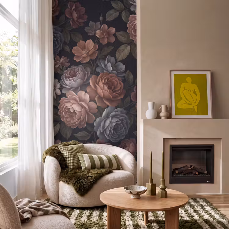 Bloemen - Patroon - Vintage - Donker - Roze Behang Vlies klein -sfeer2