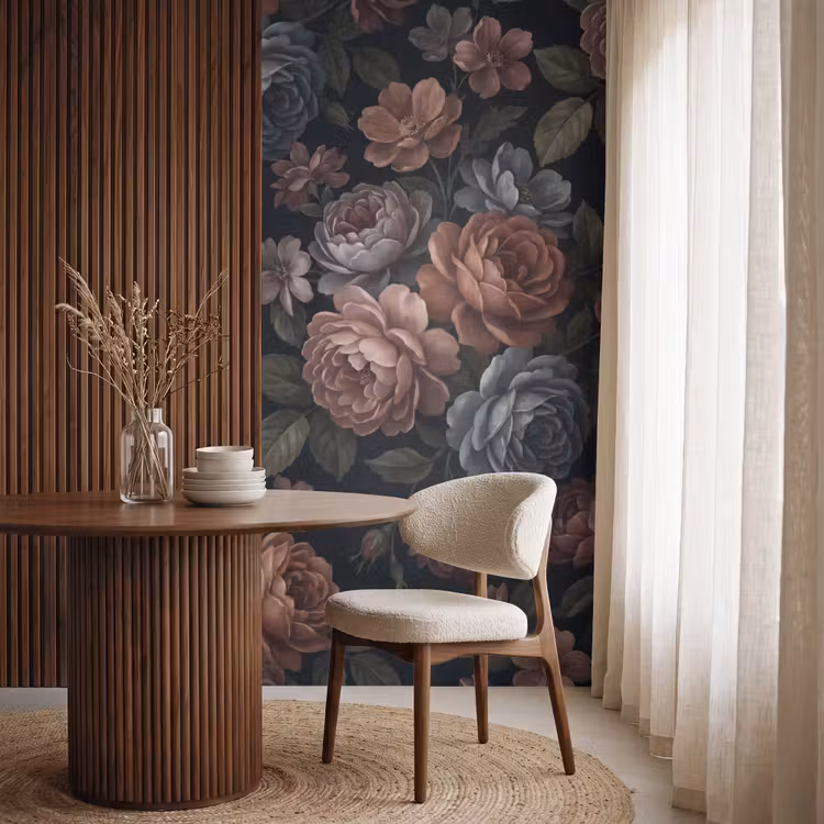 Bloemen - Patroon - Vintage - Donker - Roze Behang Vlies klein -sfeer1