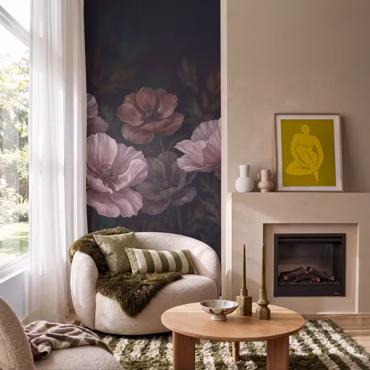 Bloemen - Natuur - Roze - Donker - Modern Behang Vlies klein -sfeer2