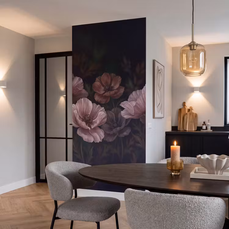 Bloemen - Natuur - Roze - Donker - Modern Behang Vlies klein -sfeer3