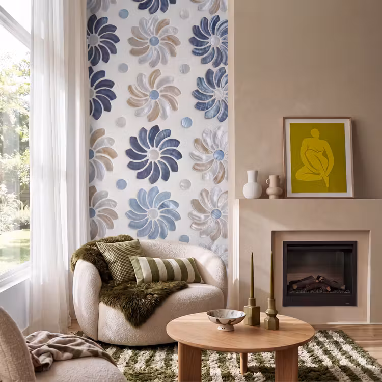 Bloemen - Parelmoer - Abstract - Patroon - Blauw Behang Vlies klein -sfeer2