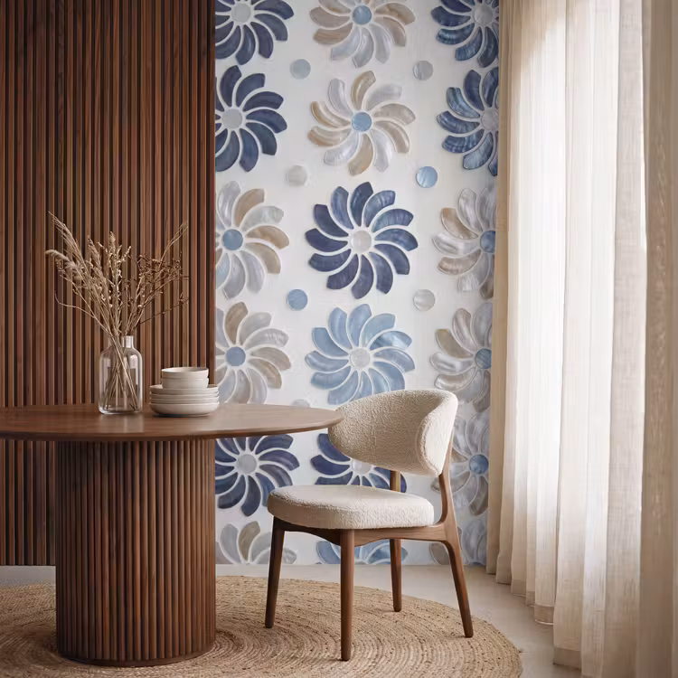 Bloemen - Parelmoer - Abstract - Patroon - Blauw Behang Vlies klein -sfeer1