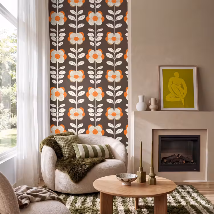 Bloemen - Retro - Bruin Behang Vlies klein 1076 -sfeer2