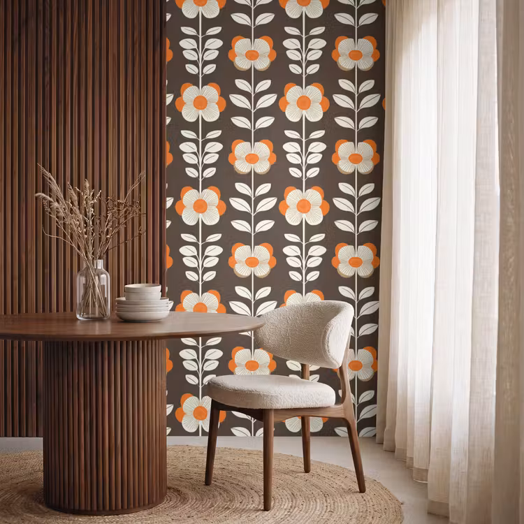 Bloemen - Retro - Bruin Behang Vlies klein 1076 -sfeer1