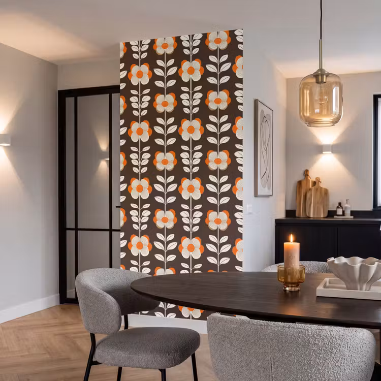 Bloemen - Retro - Bruin Behang Vlies klein 1076 -sfeer3