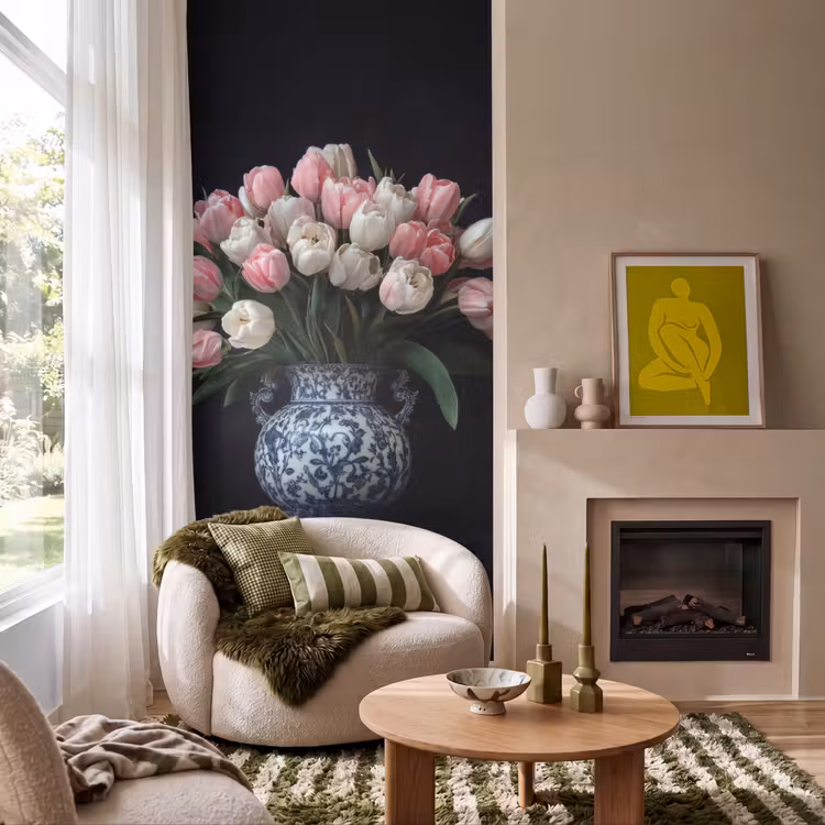 Bloemen - Roze - Tulpen - Vaas Behang Vlies klein -sfeer2