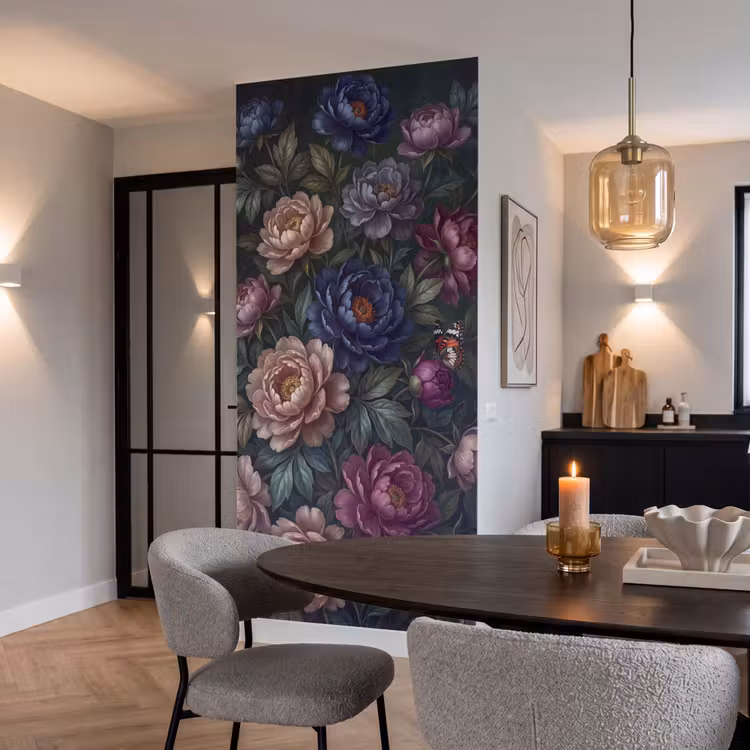 Bloemen - Vlinder - Natuur - Modern - Paars Behang Vlies klein -sfeer3