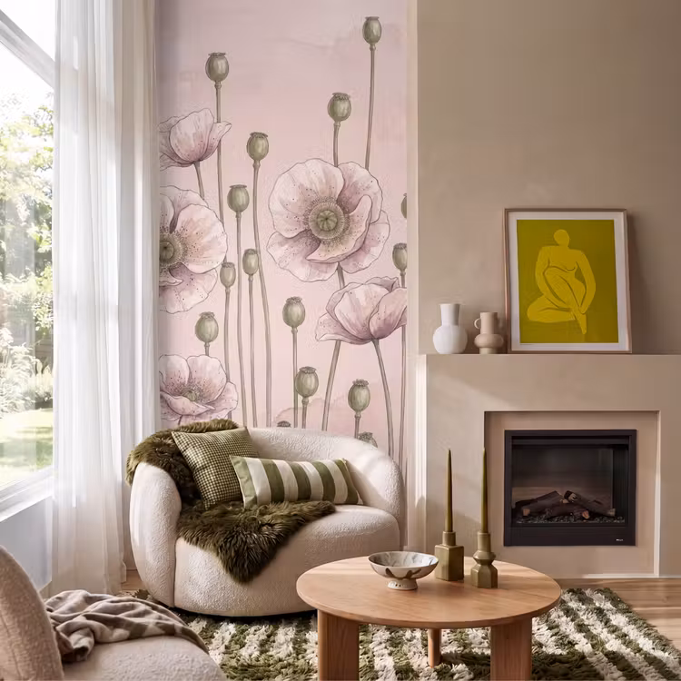 Bloemen - Zomer - Natuur - Aquarel - Roze Behang Vlies klein -sfeer2
