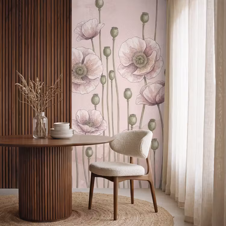Bloemen - Zomer - Natuur - Aquarel - Roze Behang Vlies klein -sfeer1